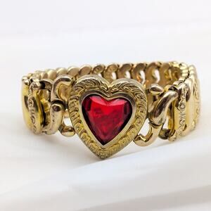 VTG 1940s American Queen Sweetheart Expansion Bracelet Red Heart Gold Tone